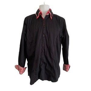 ART VANDELAY Shirt XL Mens Flip Cuff Button Up Black w/ Paisley Contrast
